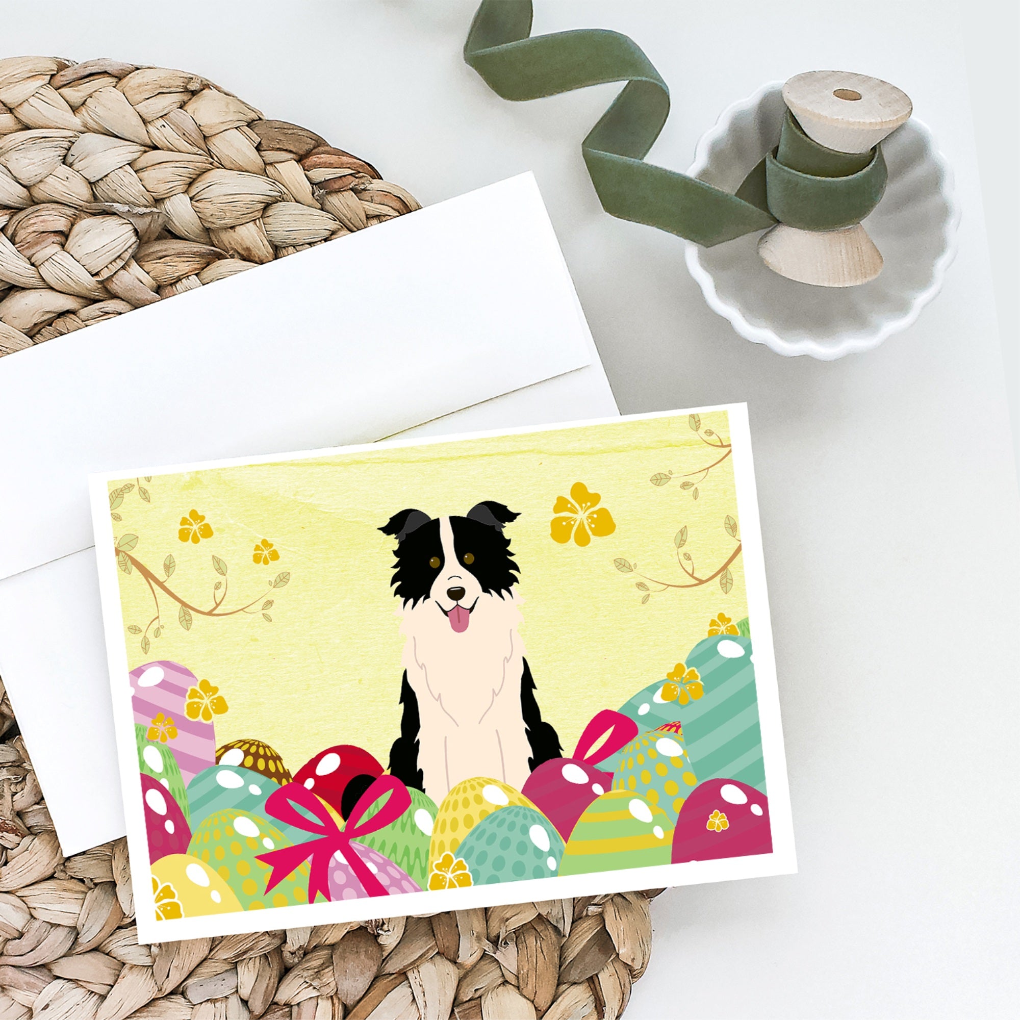 Easter Eggs Border Collie Black White Greeting Cards And Envelopes Pack Of 8