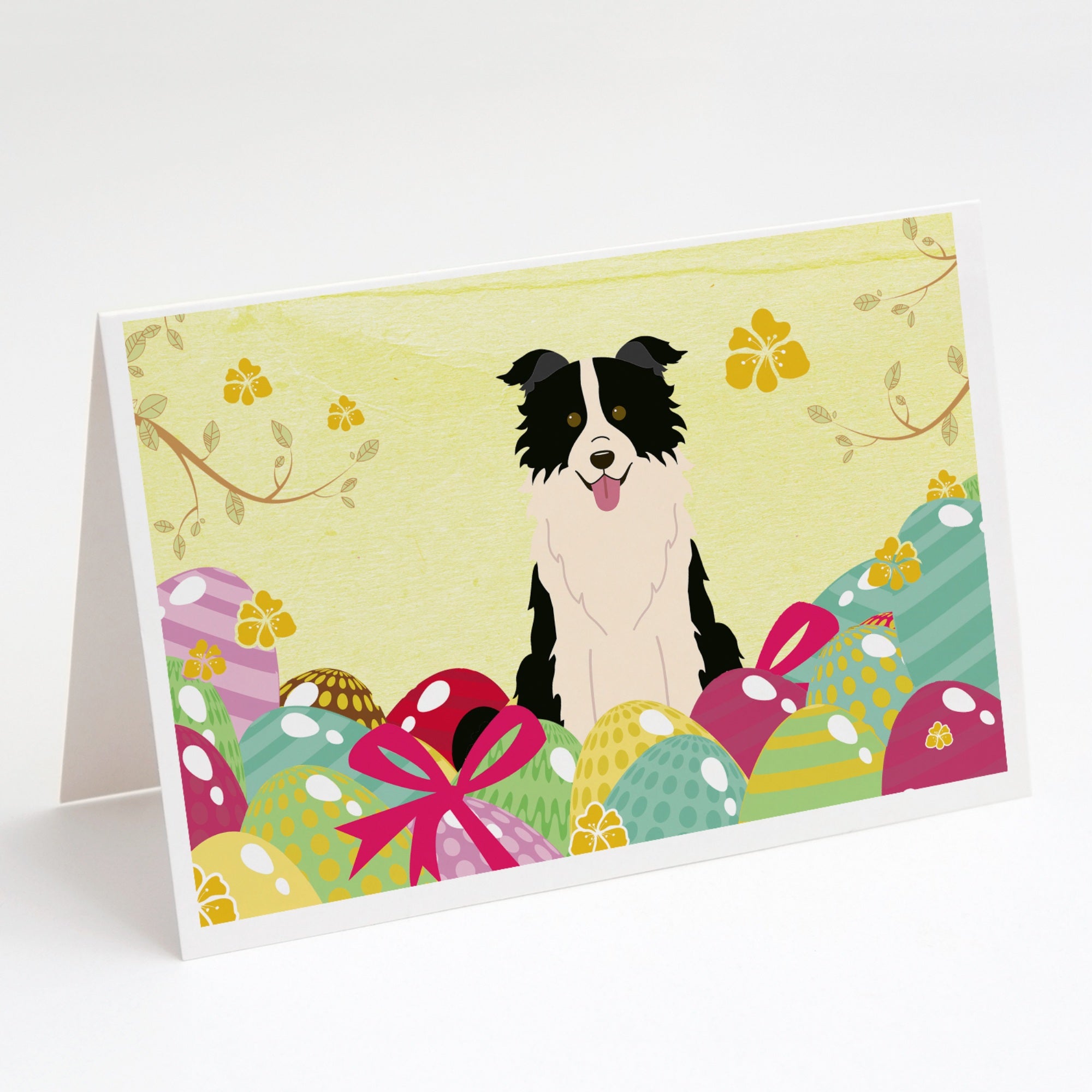 Easter Eggs Border Collie Black White Greeting Cards And Envelopes Pack Of 8