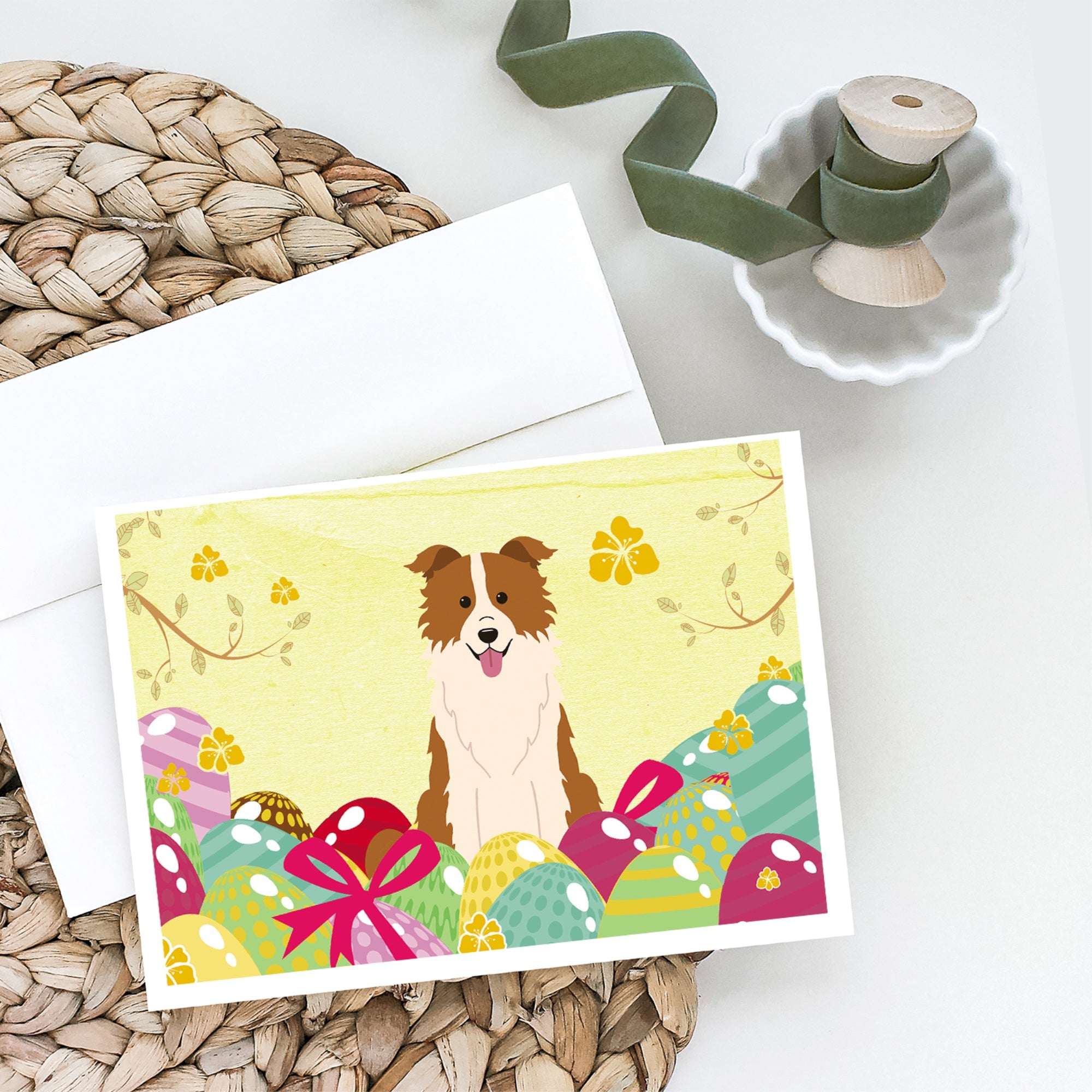 Easter Eggs Border Collie Red White Greeting Cards And Envelopes Pack Of 8