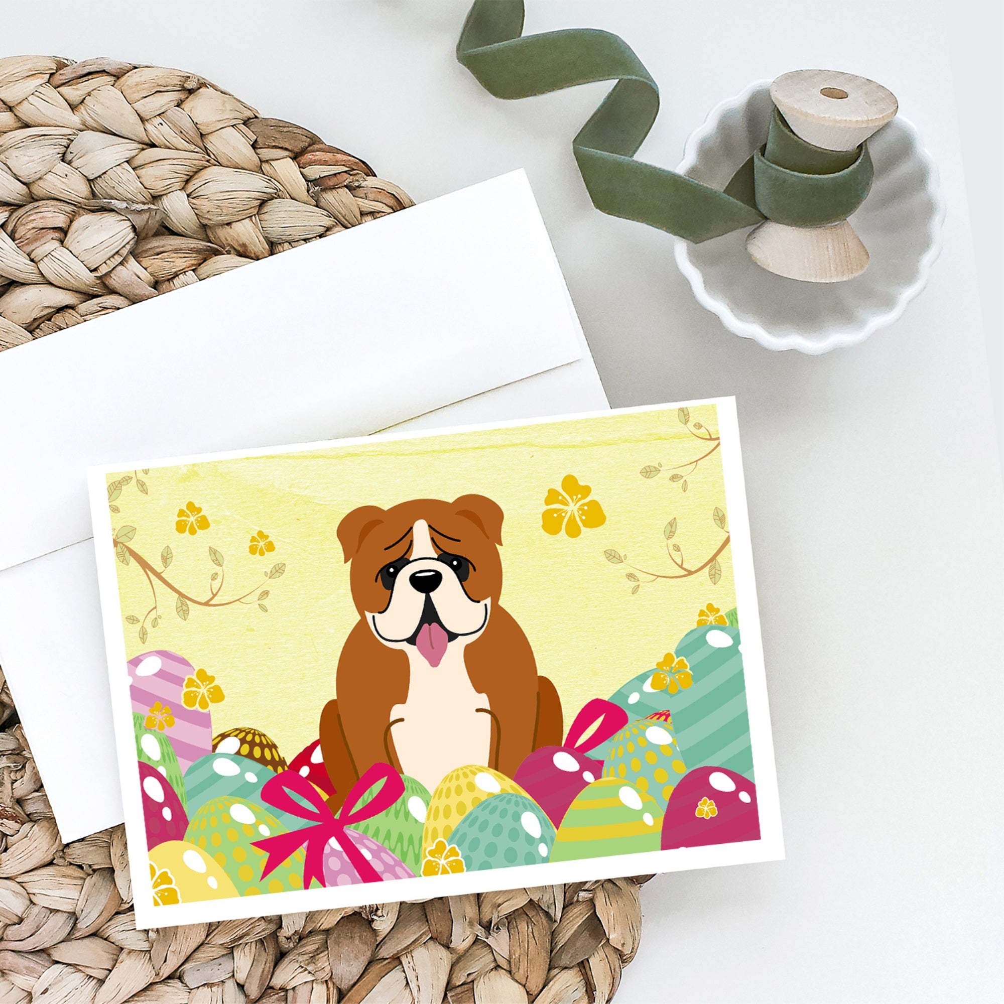 Easter Eggs English Bulldog Red White Greeting Cards And Envelopes Pack Of 8