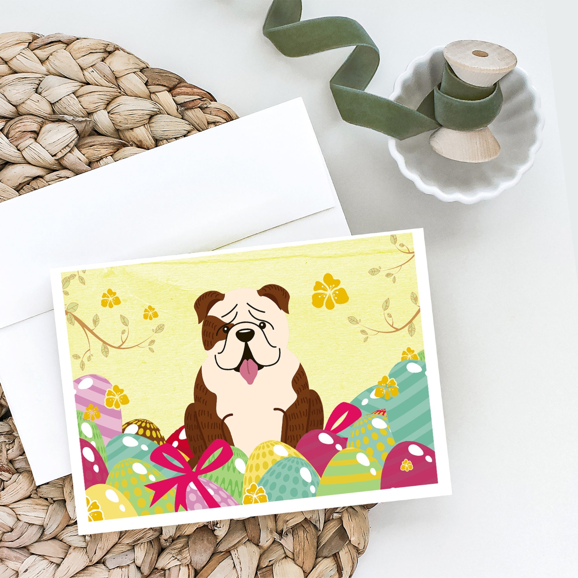 Easter Eggs English Bulldog Brindle White Greeting Cards And Envelopes Pack Of 8