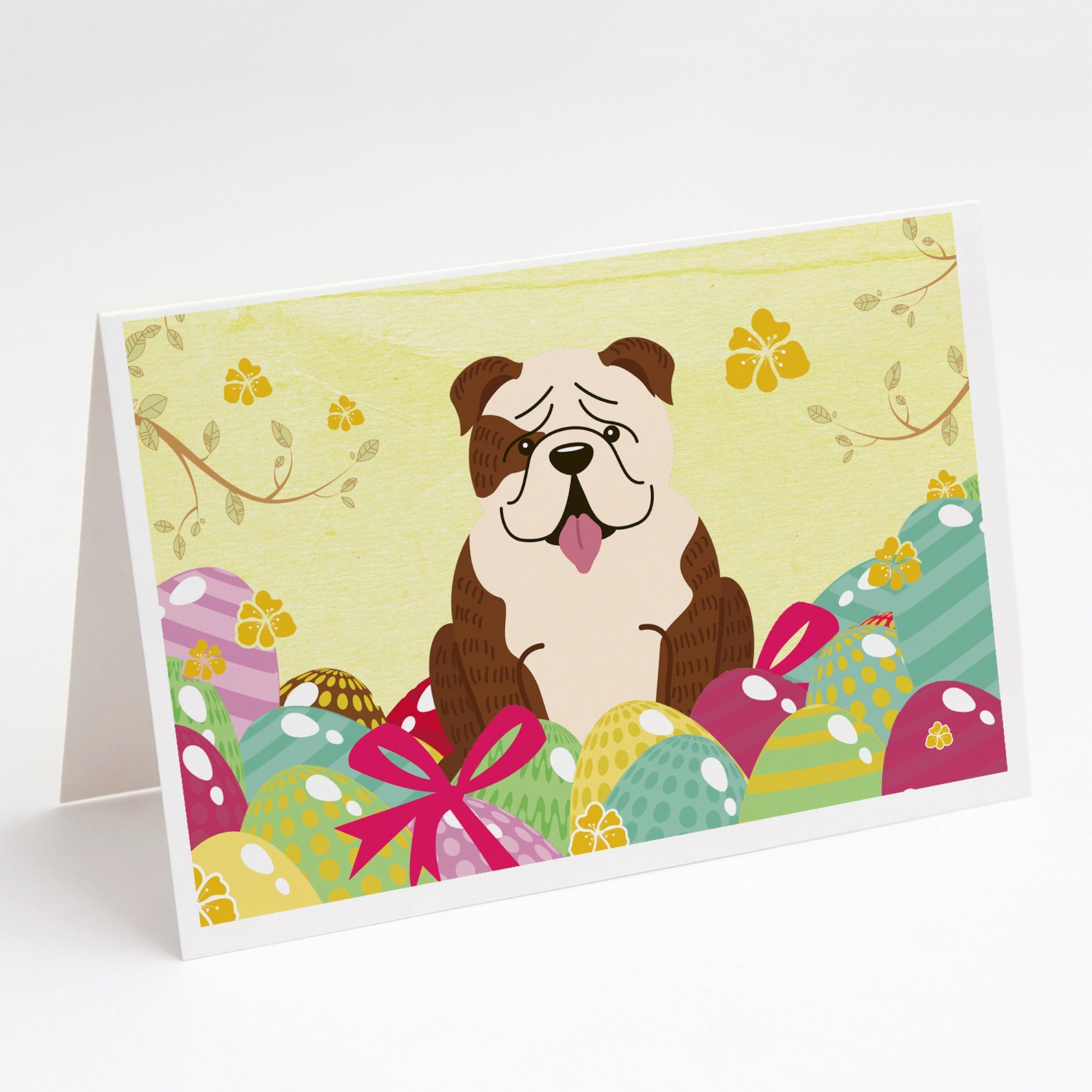 Easter Eggs English Bulldog Brindle White Greeting Cards And Envelopes Pack Of 8