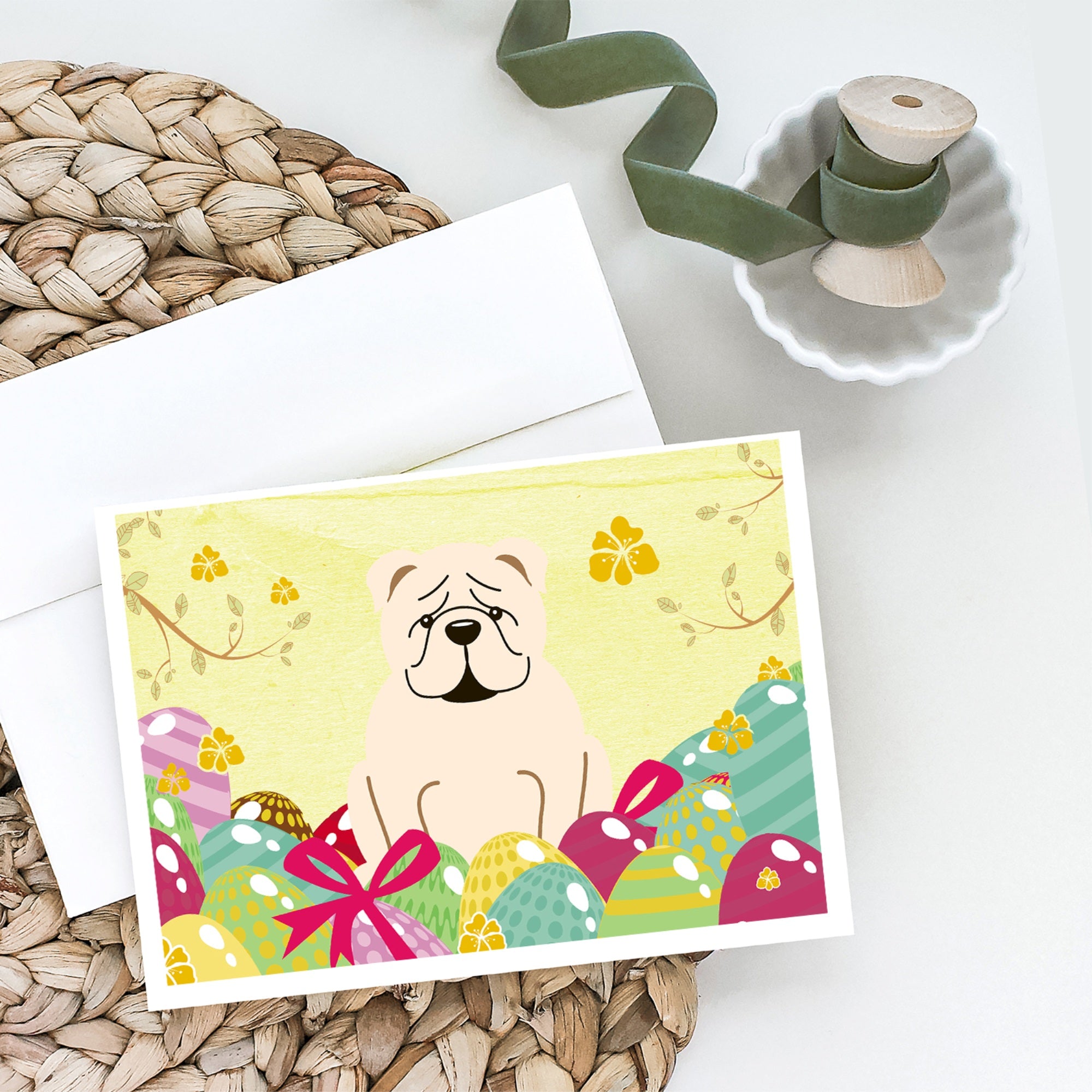 Easter Eggs English Bulldog White Greeting Cards And Envelopes Pack Of 8