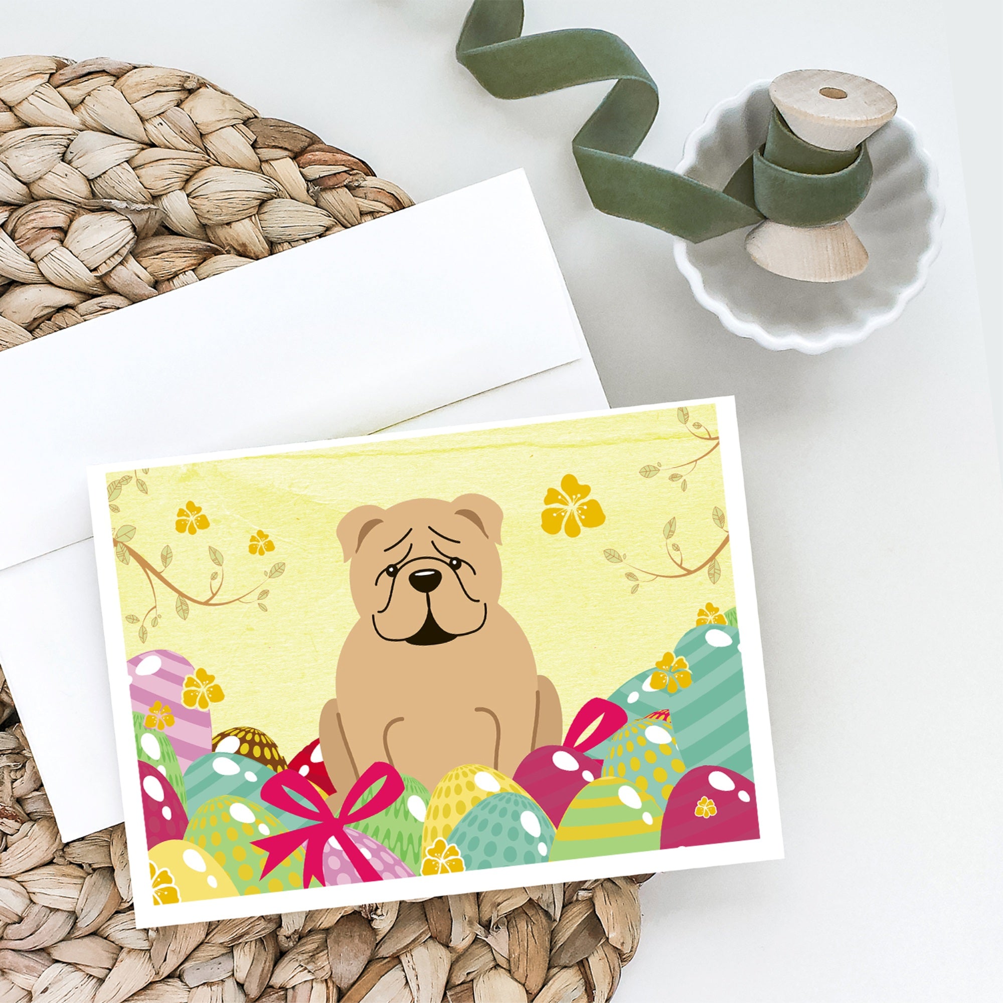 Easter Eggs English Bulldog Fawn Greeting Cards And Envelopes Pack Of 8