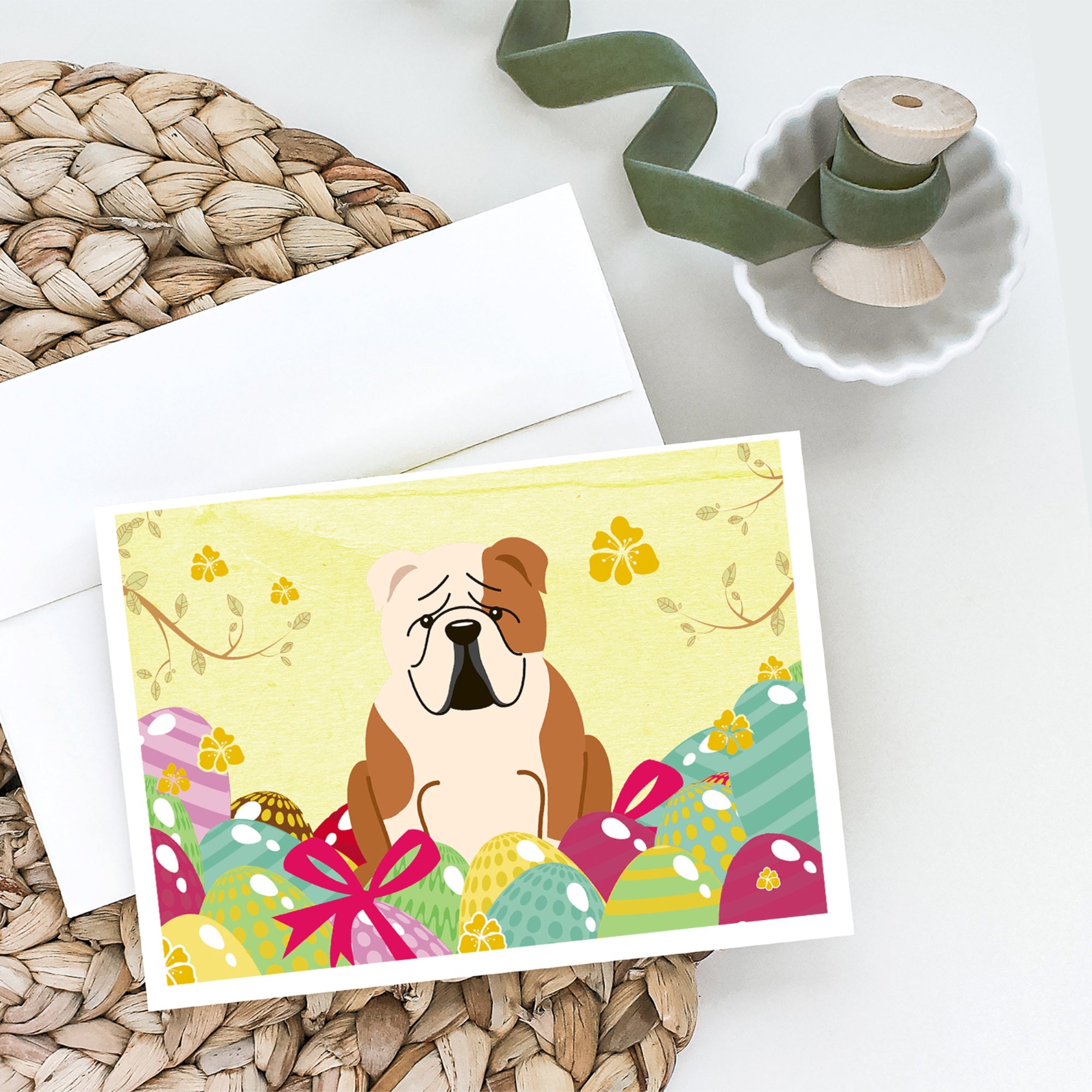 Easter Eggs English Bulldog Fawn White Greeting Cards And Envelopes Pack Of 8