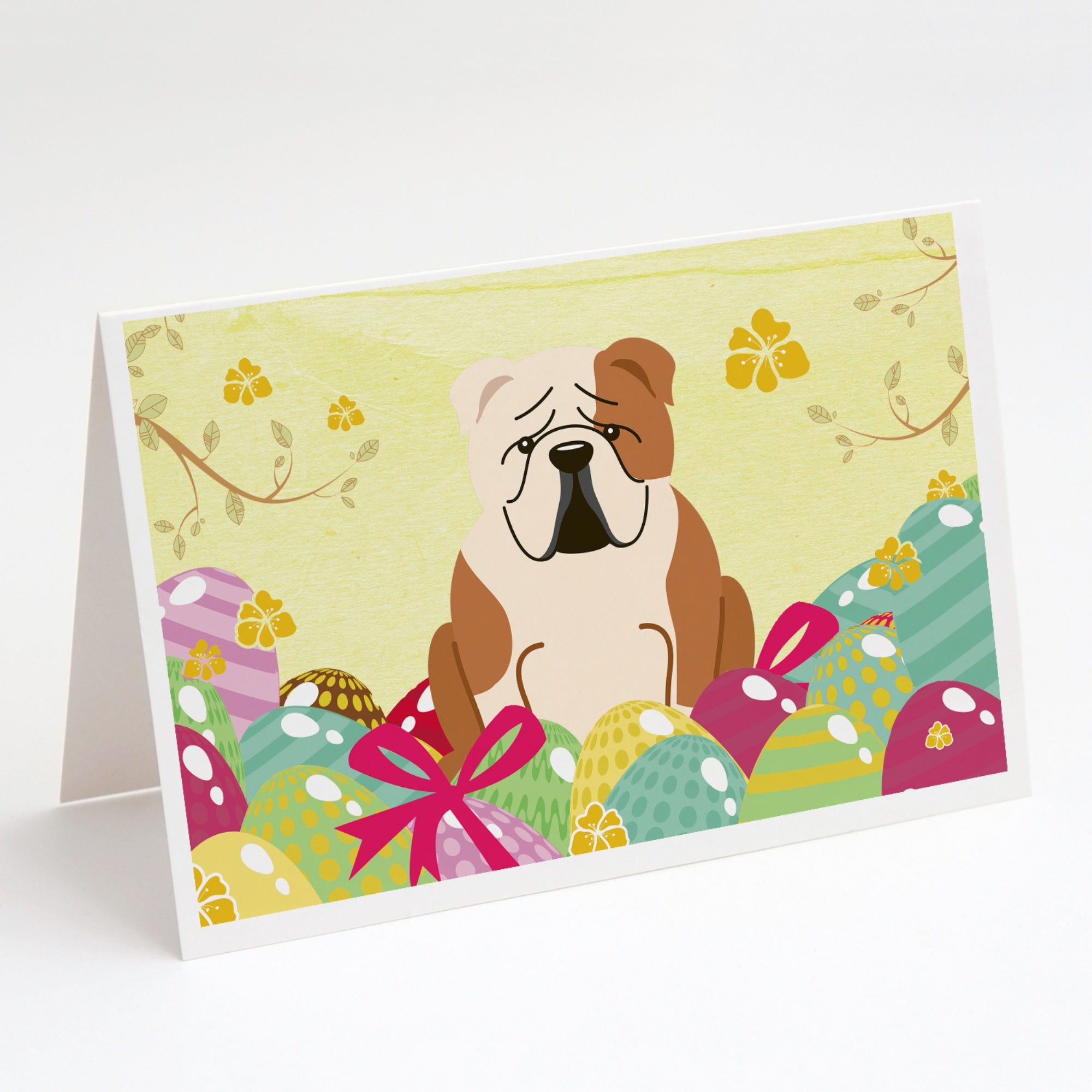 Easter Eggs English Bulldog Fawn White Greeting Cards And Envelopes Pack Of 8