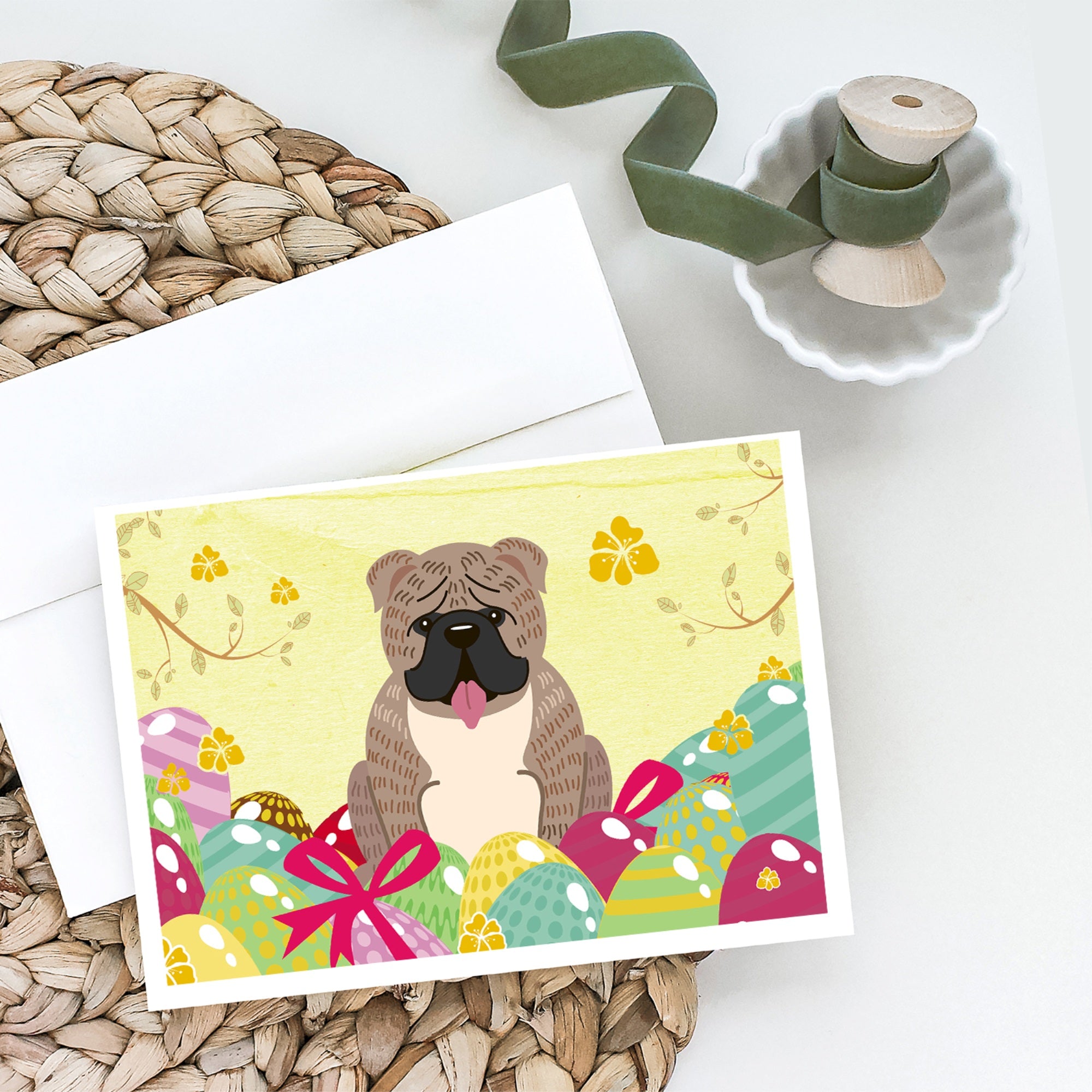 Easter Eggs English Bulldog Grey Brindle Greeting Cards And Envelopes Pack Of 8