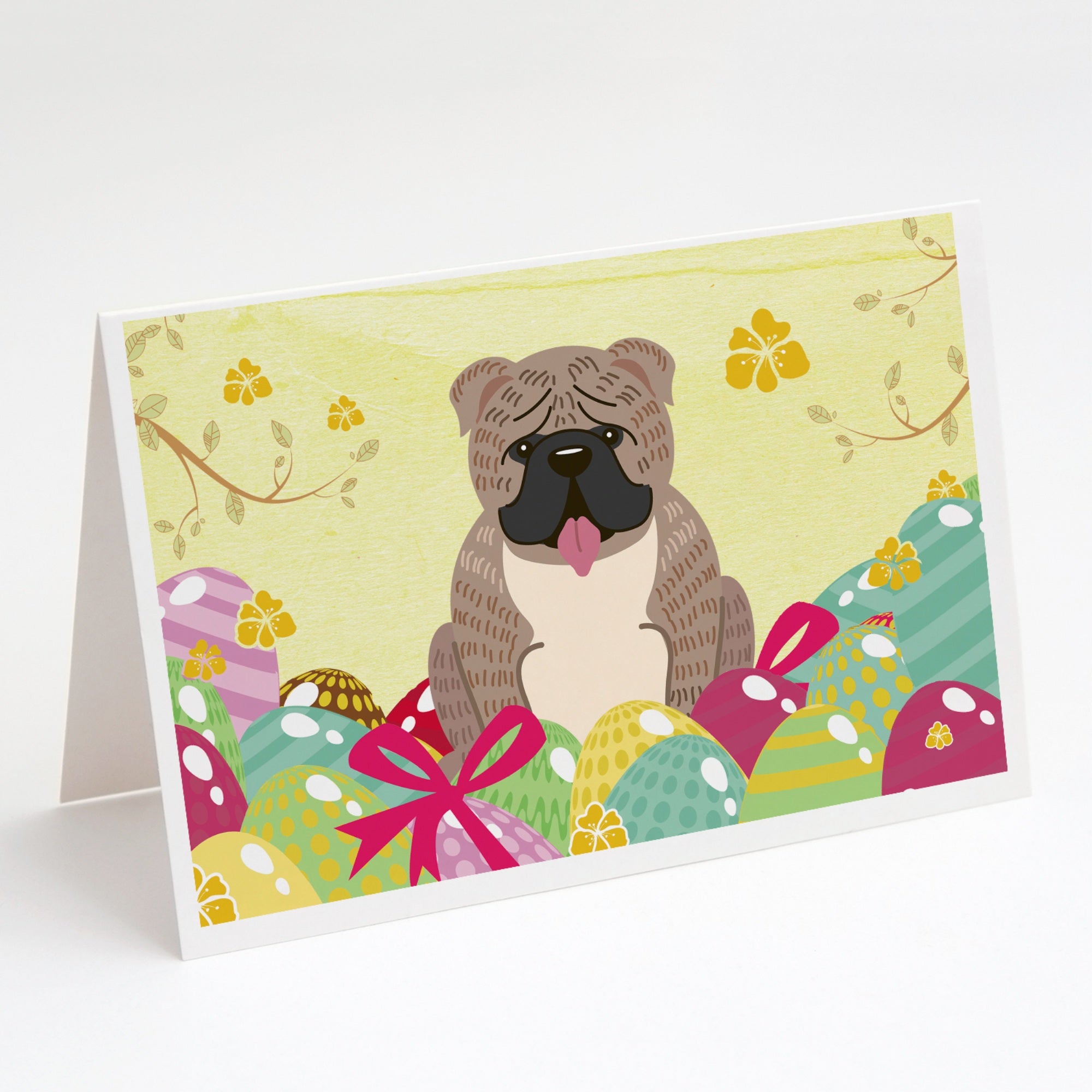 Easter Eggs English Bulldog Grey Brindle Greeting Cards And Envelopes Pack Of 8