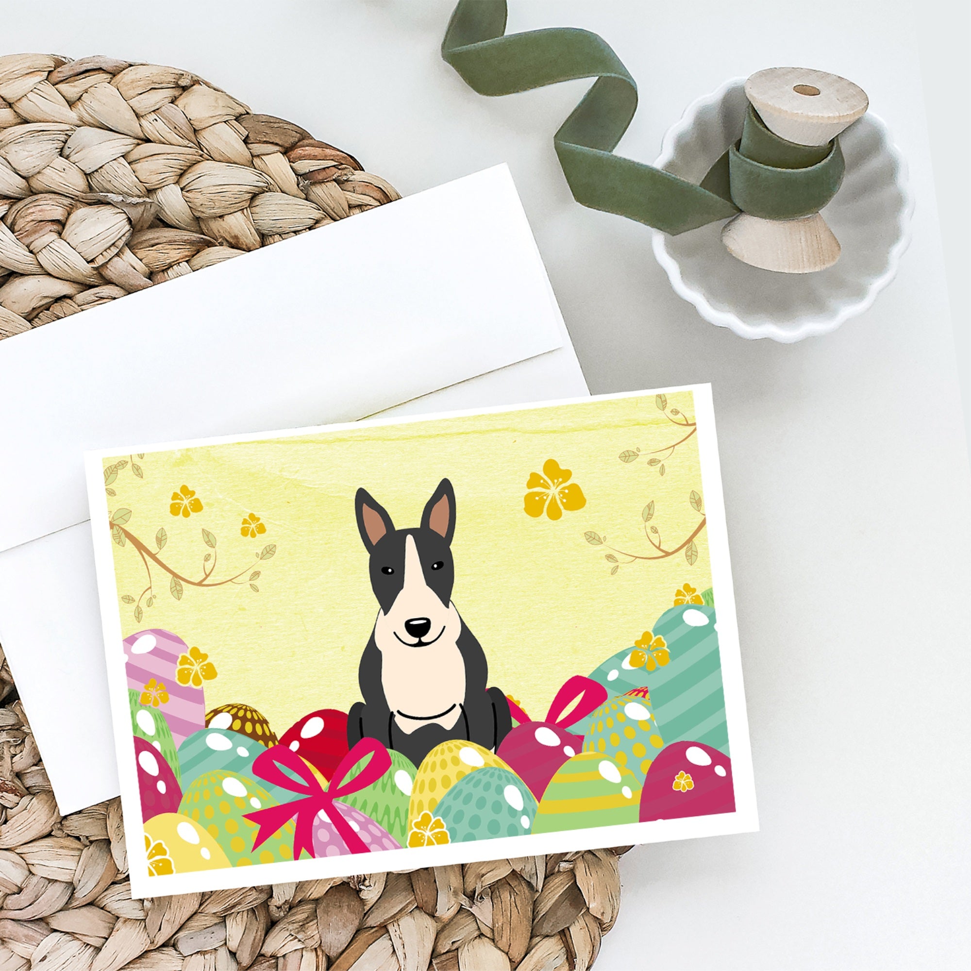 Easter Eggs Bull Terrier Black White Greeting Cards And Envelopes Pack Of 8