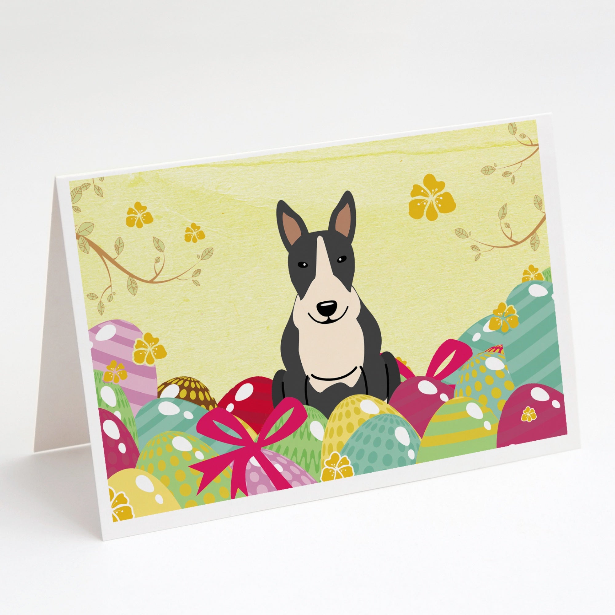 Easter Eggs Bull Terrier Black White Greeting Cards And Envelopes Pack Of 8