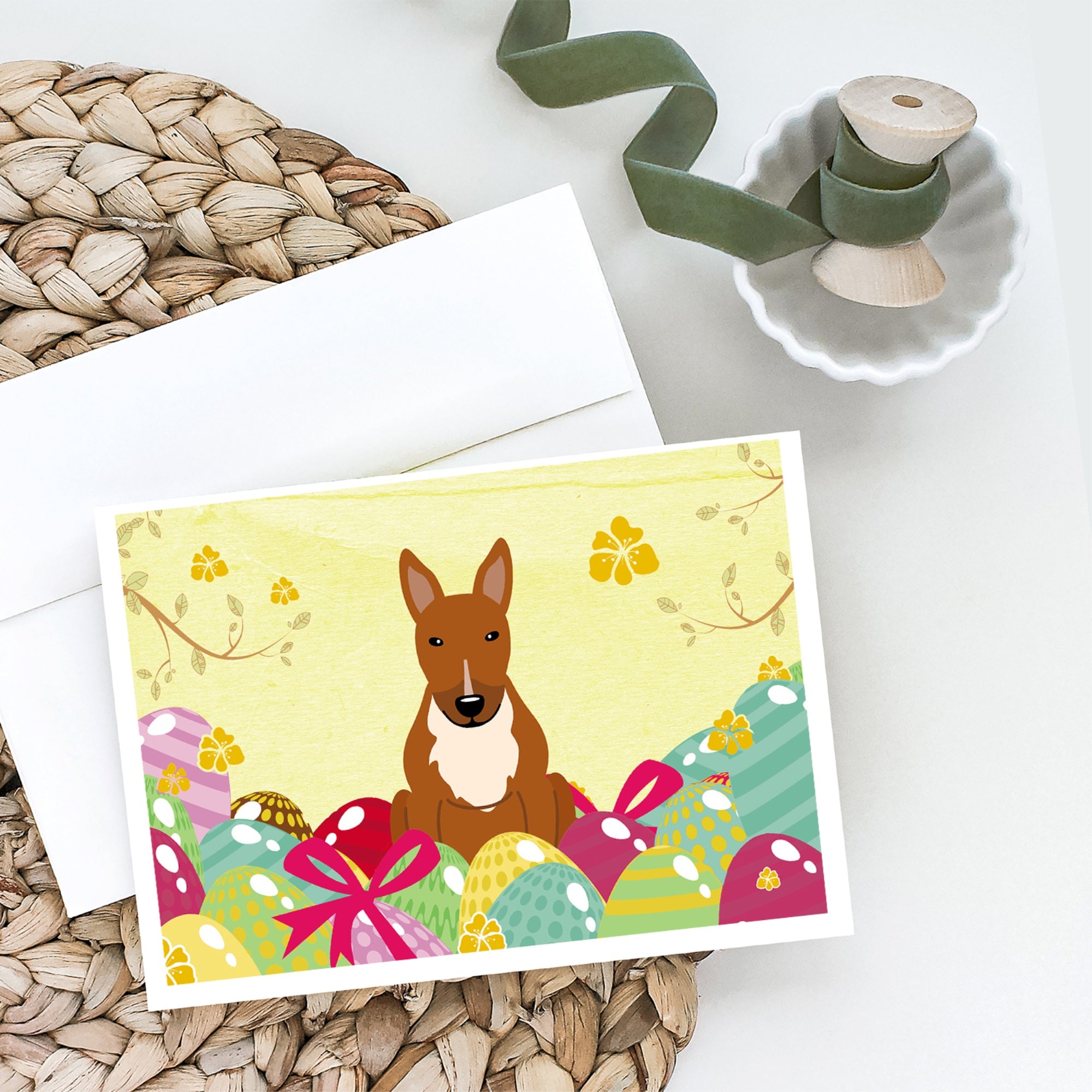 Easter Eggs Bull Terrier Red Greeting Cards And Envelopes Pack Of 8