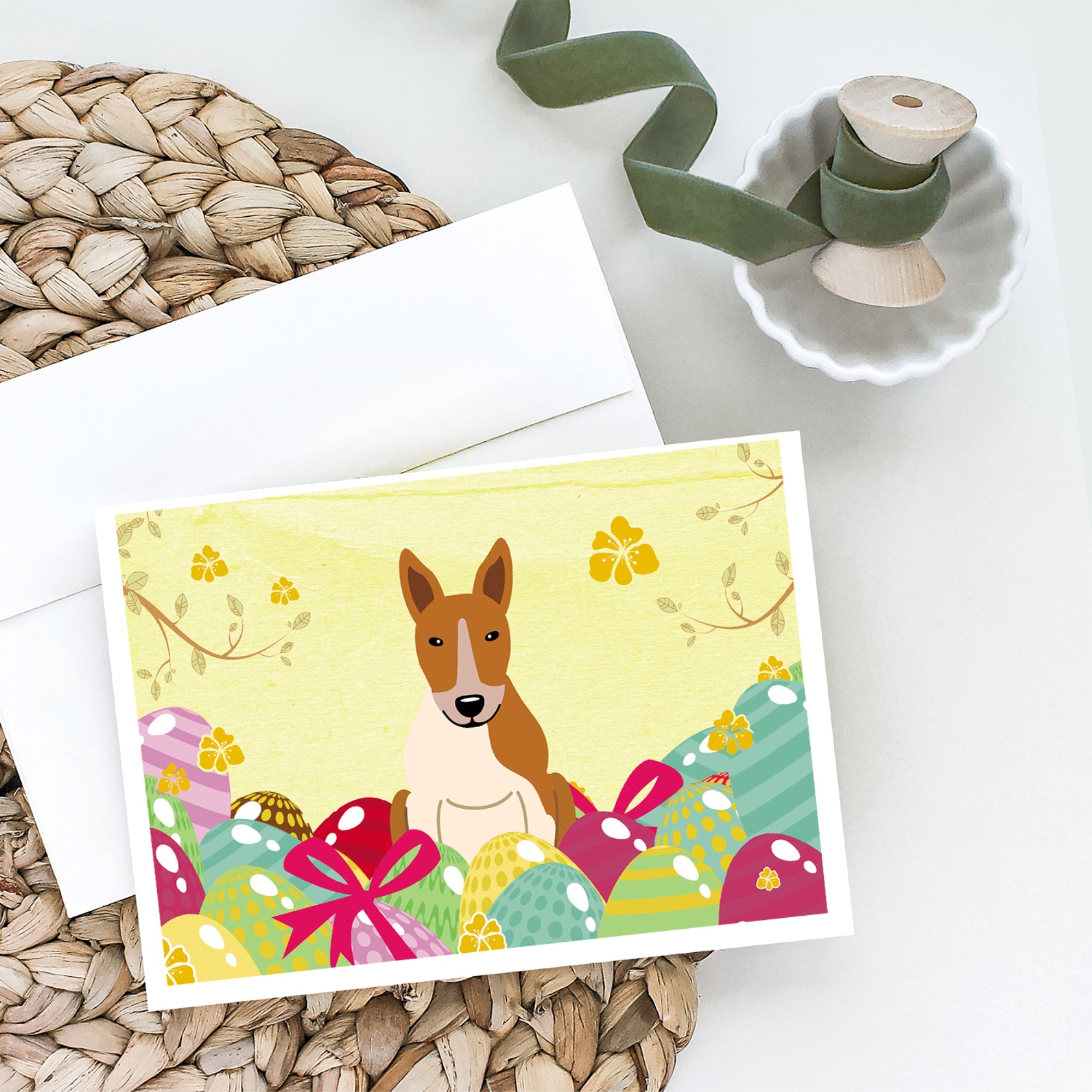 Easter Eggs Bull Terrier Red White Greeting Cards And Envelopes Pack Of 8