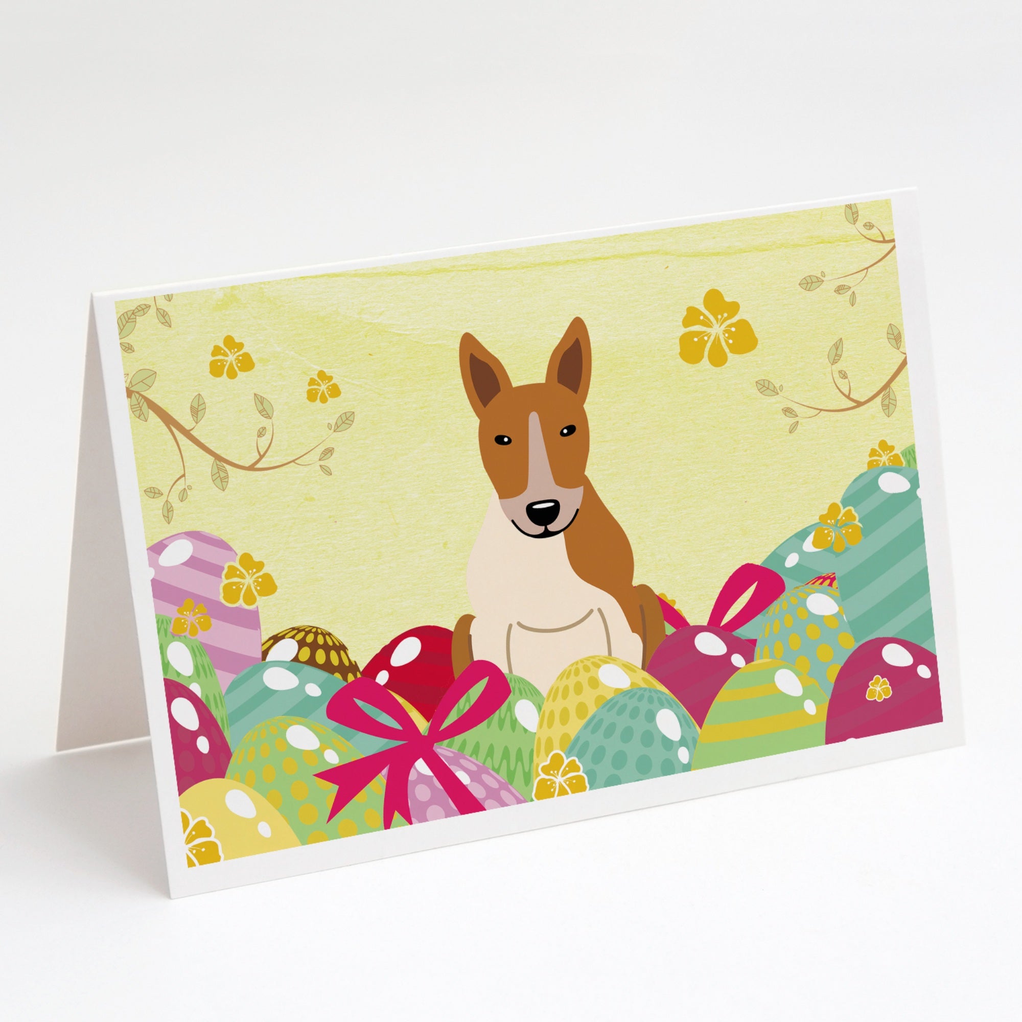 Easter Eggs Bull Terrier Red White Greeting Cards And Envelopes Pack Of 8
