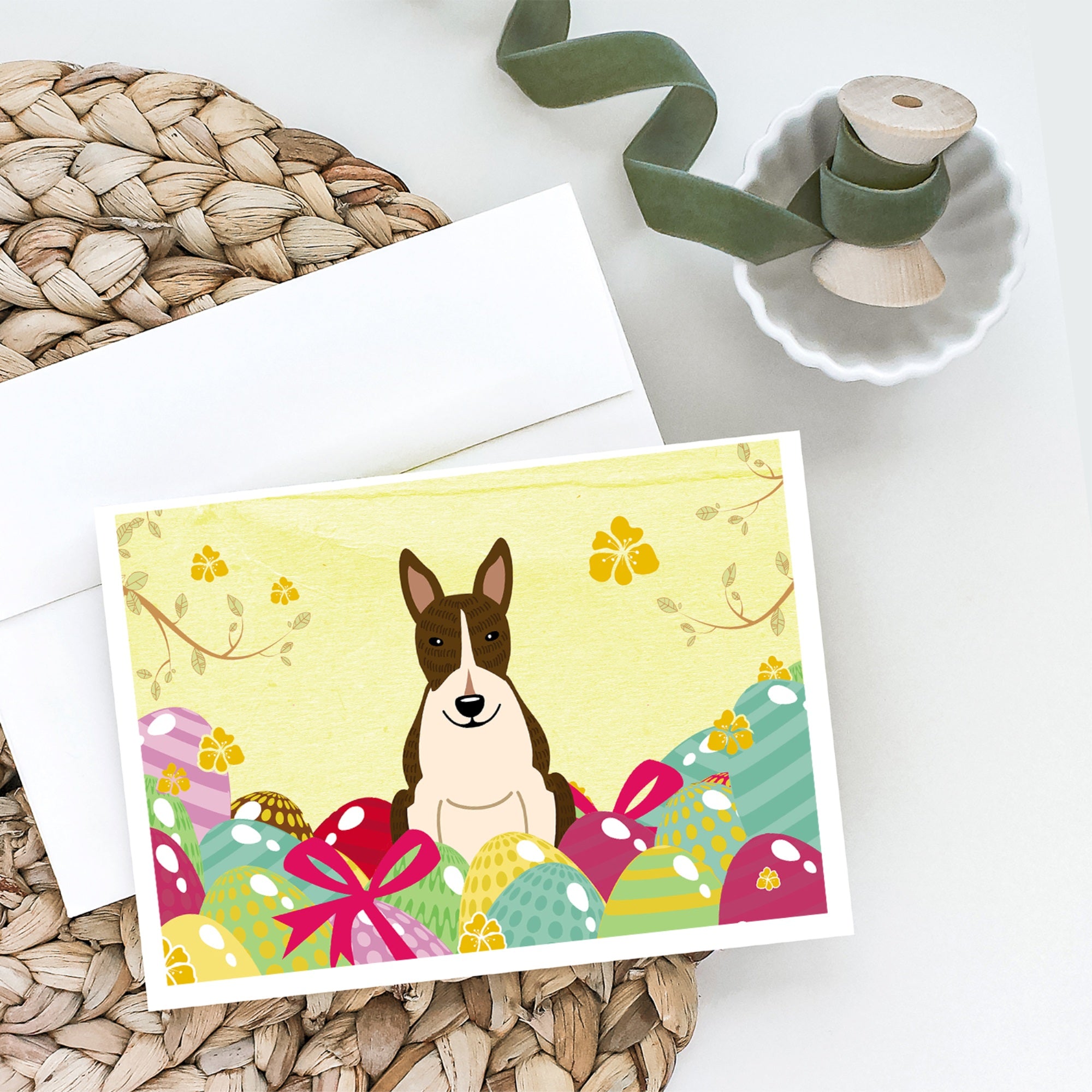 Easter Eggs Bull Terrier Dark Brindle Greeting Cards And Envelopes Pack Of 8