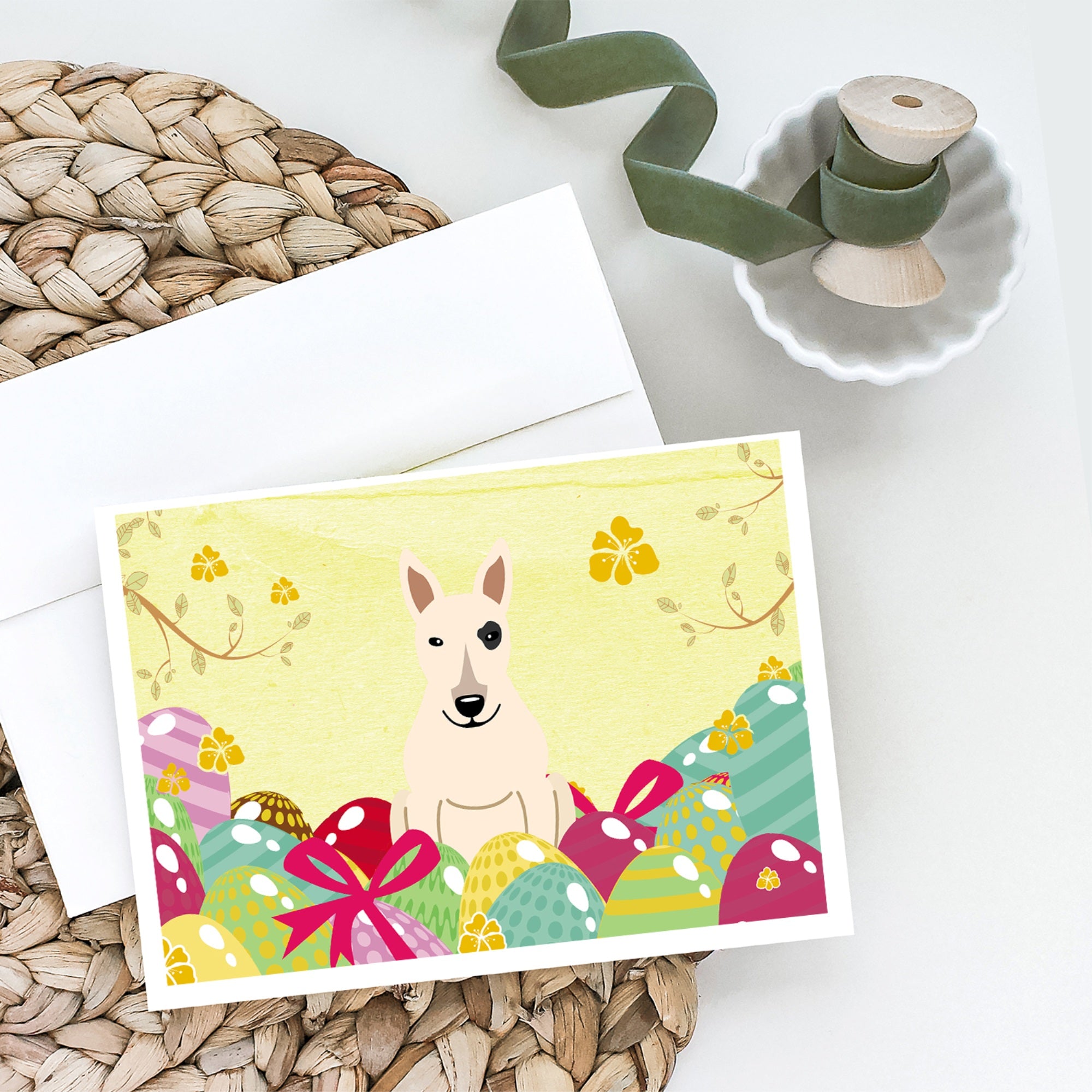 Easter Eggs Bull Terrier White Greeting Cards And Envelopes Pack Of 8