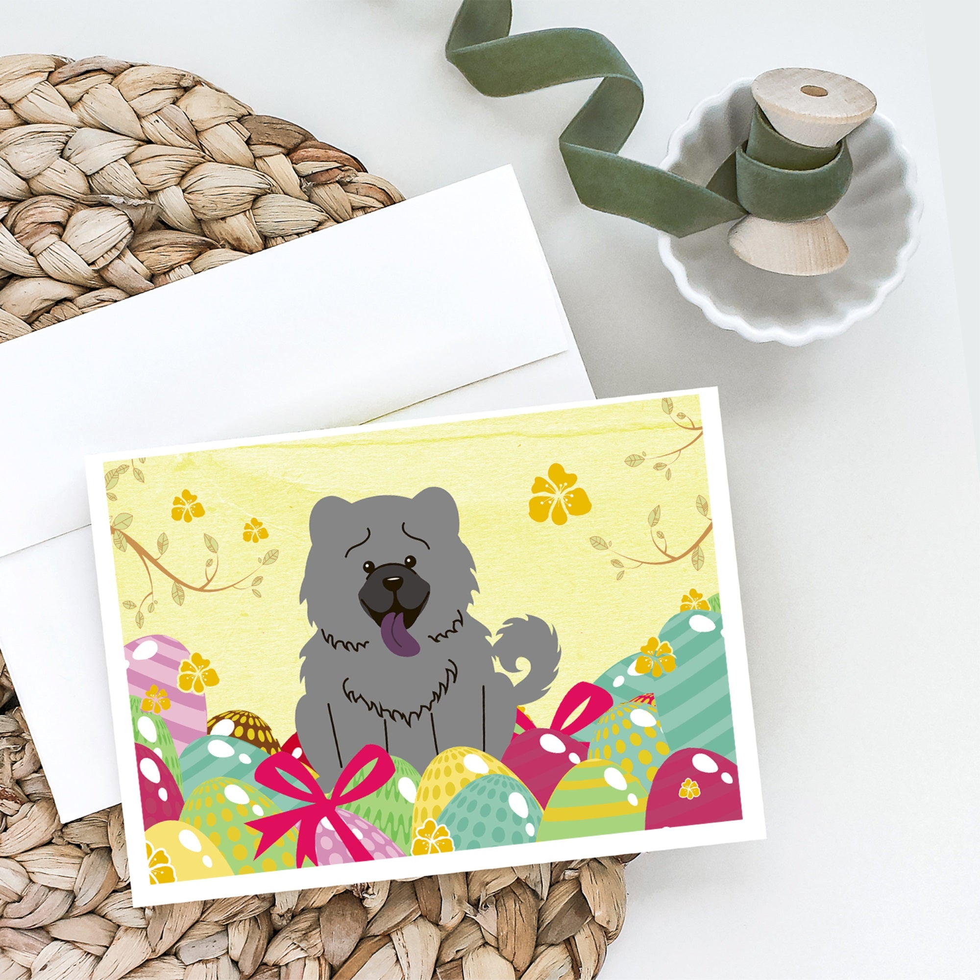 Easter Eggs Chow Chow Blue Greeting Cards And Envelopes Pack Of 8