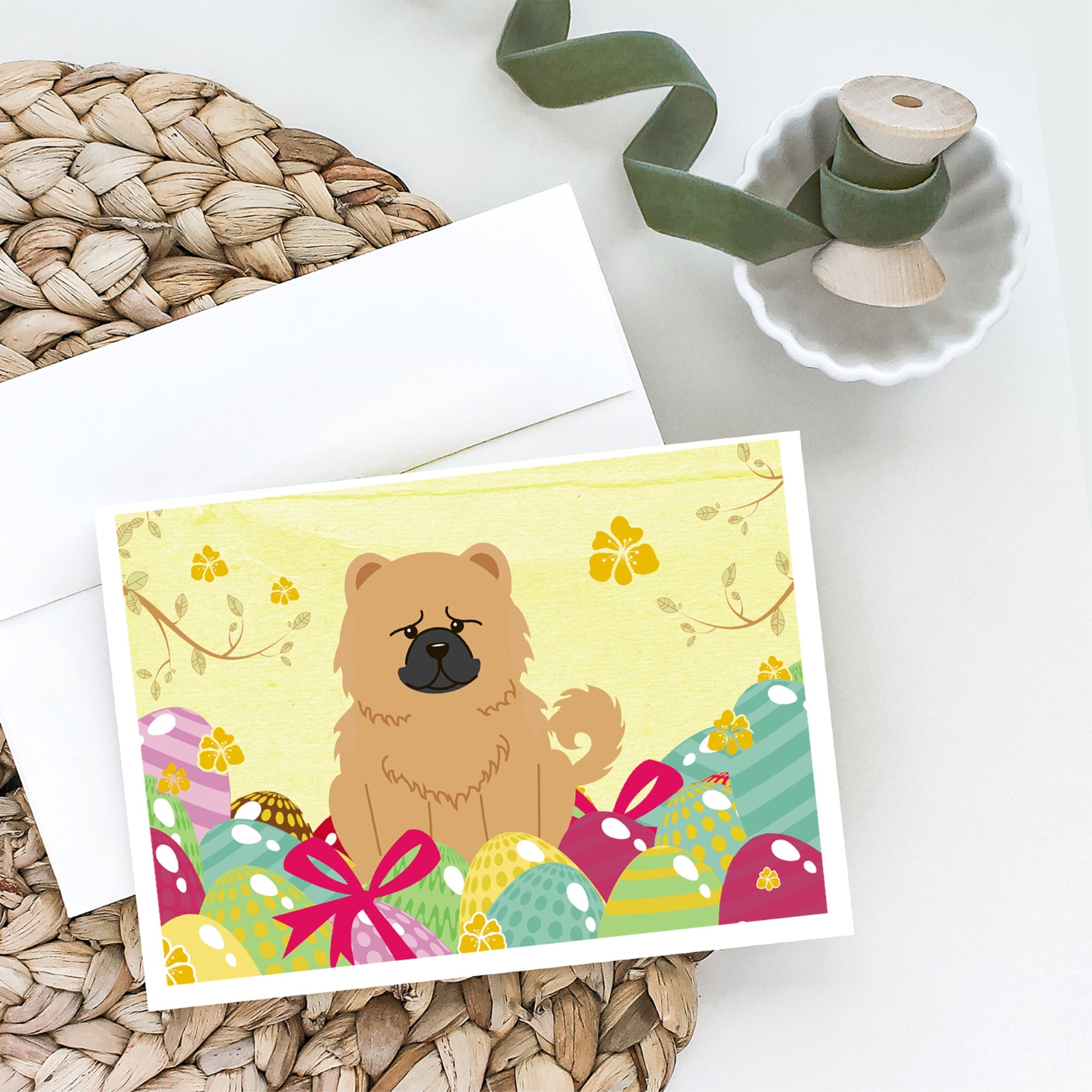 Easter Eggs Chow Chow Cream Greeting Cards And Envelopes Pack Of 8