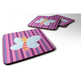 Caroline'S Treasures Dragonfly In Pink Stripes Foam Coaster Set Of 4, 3.5, Multicolor
