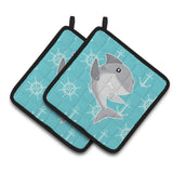 Caroline'S Treasures Bb6940Pthd Shark On Blue Nautical Pair Of Pot Holders, 7.5 X 7.5, Multicolor
