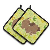 Caroline'S Treasures Puppy On Green Pawprints Pair Of Pot Holders, 7.5 X 7.5, Multicolor