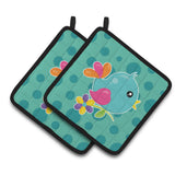Caroline'S Treasures Bb7100Pthd Bird On Teal Polkadots Pair Of Pot Holders, 7.5 X 7.5, Multicolor
