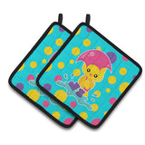 Caroline'S Treasures Bb7101Pthd Duck In The Rain On Polkadots Pair Of Pot Holders, 7.5 X 7.5, Multicolor