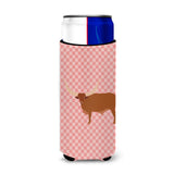 Caroline'S Treasures Ankole-Watusu Cow Pink Check Decorative Can Hugger, Slim, Multicolor