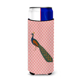 Caroline'S Treasures Indian Peacock Peafowl Pink Check Decorative Can Hugger, Slim, Multicolor