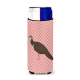Caroline'S Treasures Indian Peahen Peafowl Pink Check Decorative Can Hugger, Slim, Multicolor