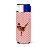 Caroline'S Treasures Ring-Necked Common Pheasant Pink Check Decorative Can Hugger, Slim, Multicolor