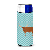Caroline'S Treasures Ankole-Watusu Cow Blue Check Decorative Can Hugger, Slim, Multicolor