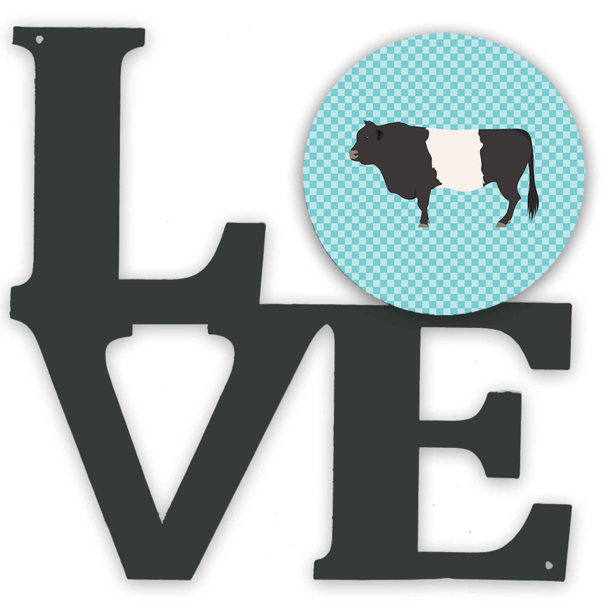 Caroline'S Treasures Belted Galloway Cow Blue Check Metal Artwork Love Wall-Decor, Multicolor