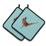 Caroline'S Treasures Ring-Necked Common Pheasant Blue Check Decorated Pot Holder, 7.5 X 7.5