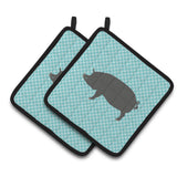 Caroline'S Treasures Berkshire Pig Blue Check Decorated Pot Holder, 7.5 X 7.5