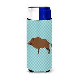 Caroline'S Treasures Wild Boar Pig Blue Check Decorative Can Hugger, Slim, Multicolor