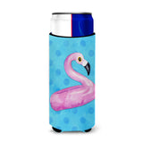 Caroline'S Treasures Flamingo Floaty Blue Polkadot Beverage Insulator Hugger, Slim, Multicolor