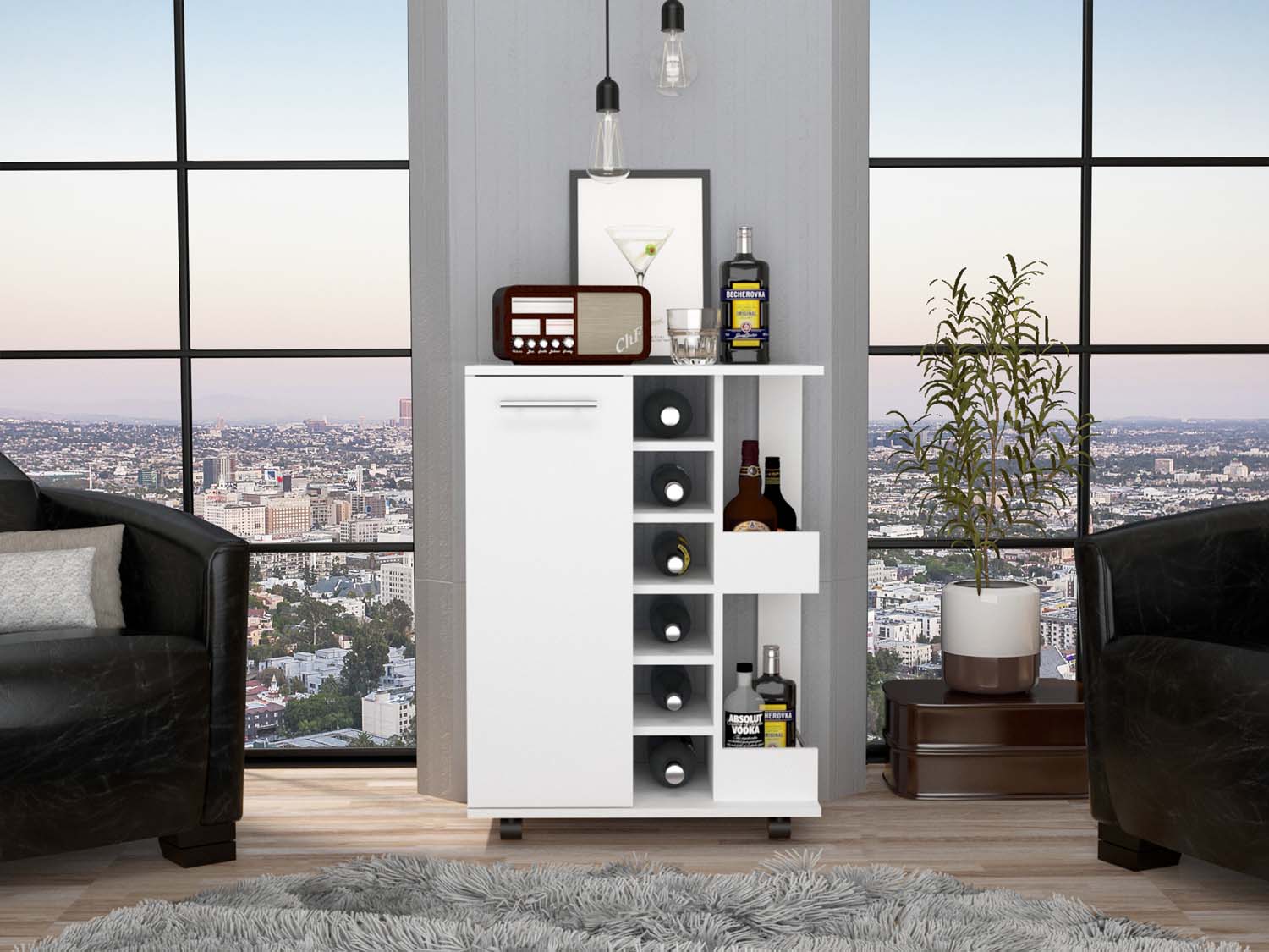 Tuhome Bar Cart, Two External Shelves, Four Caster Wheels, Six Wine Cubbies, One-Door Cabinet, Countertop, White, For Living Roo