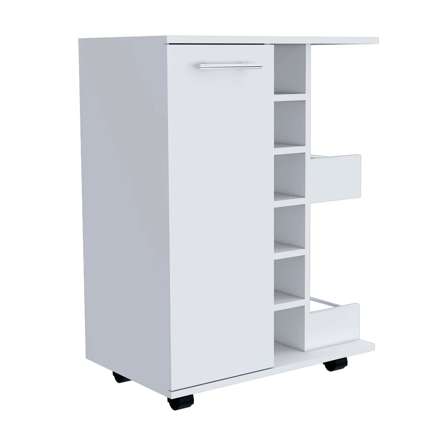 Tuhome Bar Cart, Two External Shelves, Four Caster Wheels, Six Wine Cubbies, One-Door Cabinet, Countertop, White, For Living Roo