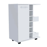 Tuhome Bar Cart, Two External Shelves, Four Caster Wheels, Six Wine Cubbies, One-Door Cabinet, Countertop, White, For Living Roo