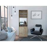 Tuhome Prana Bar Cabinet, Two Shelves, Five Wine Cubbies, Cup Rack, Two Door Cabinet, Two Internal Shelves, Light Oak, For Livin