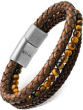 Stacked Brown Leather & Tiger Eye Bead Bracelet