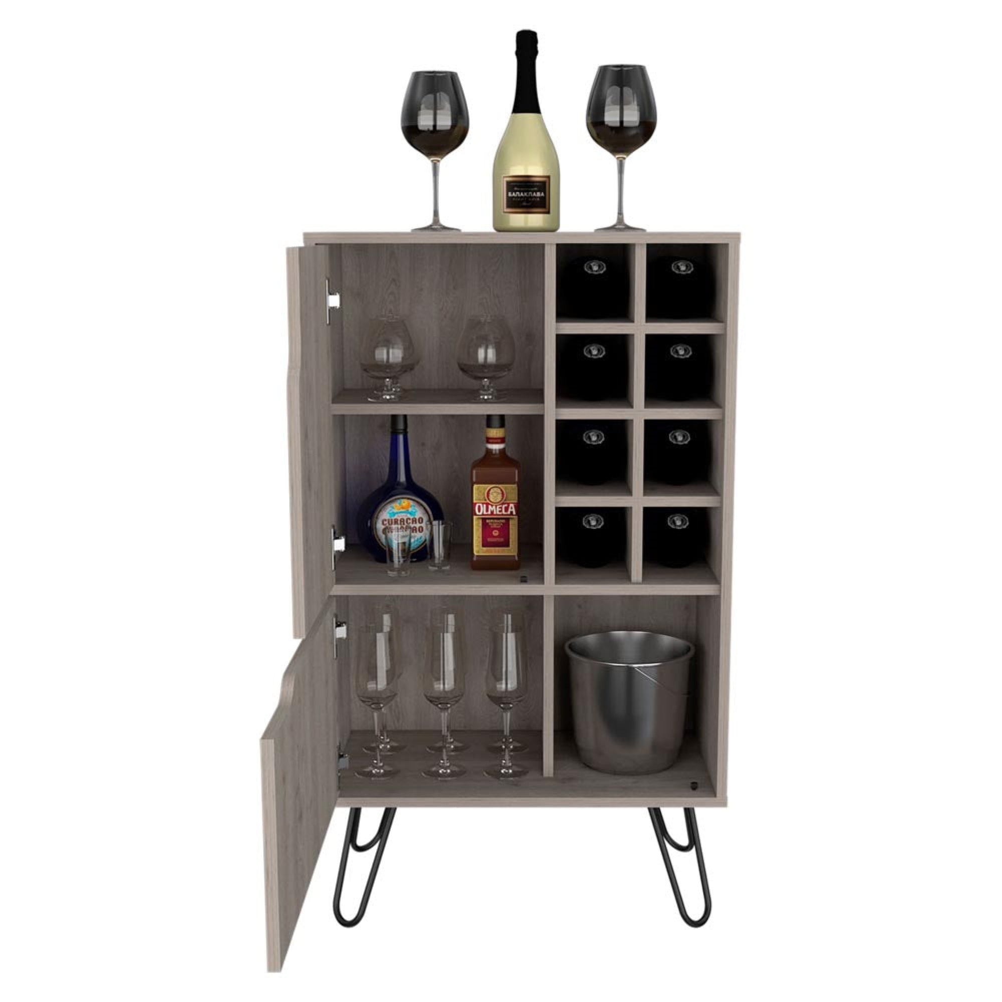 Tuhome Manhattan L Bar Cabinet, Eight Wine Cubbies, Two Cabinets With One-Door, Four Legs-Light Grey, For Living Room