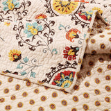 Elbe 5 Piece Queen Quilt Set With Medallion And Floral Pattern, Beige And Brown