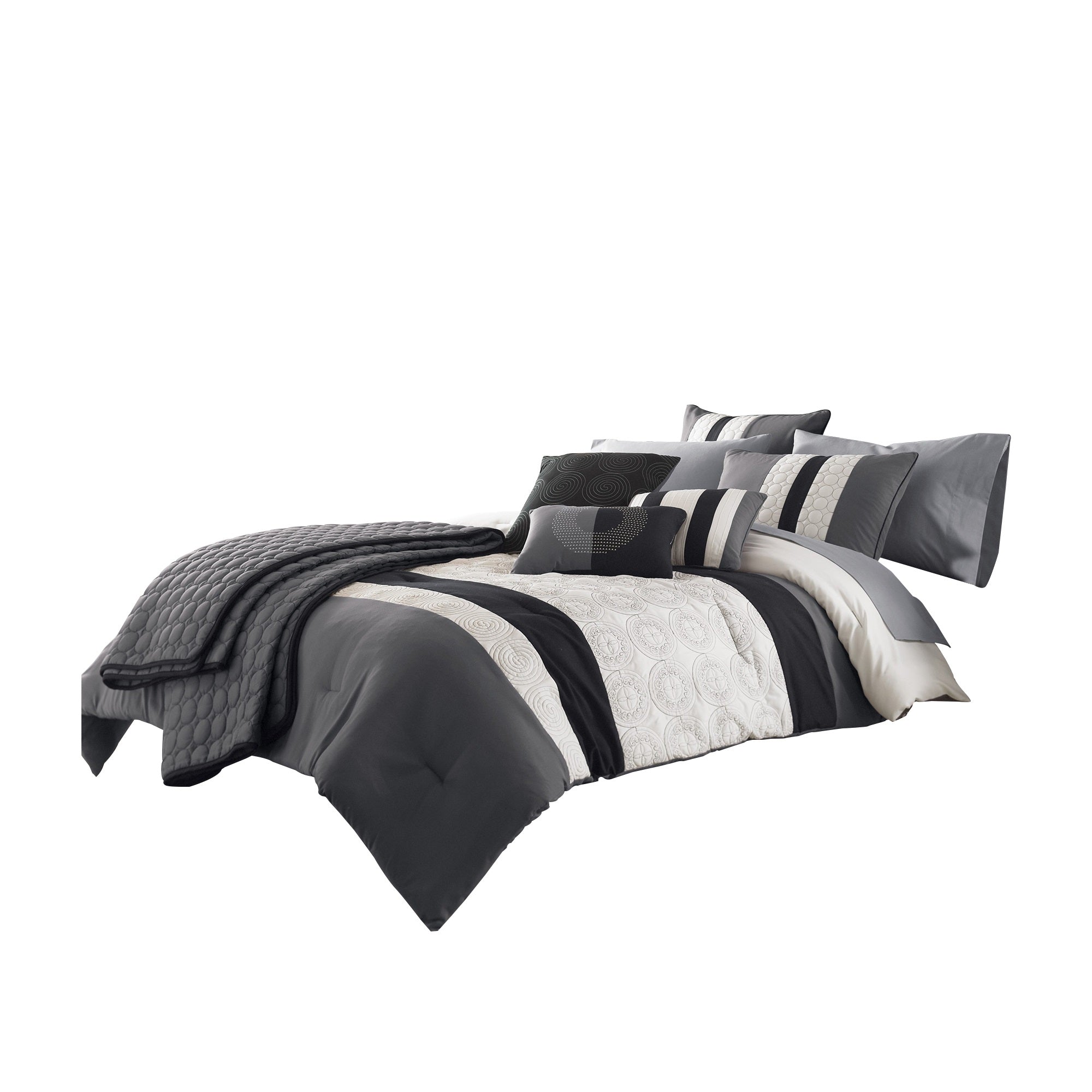 7 Piece Queen Cotton Comforter Set With Geometric Print, Gray And Black