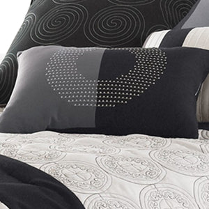 7 Piece Queen Cotton Comforter Set With Geometric Print, Gray And Black