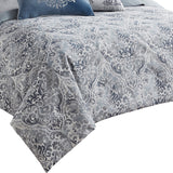 9 Piece Queen Polyester Comforter Set With Damask Prints, Blue And Gray