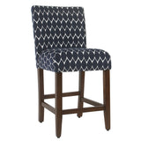 Wooden 24 Inch Counter Height Stool With Geometric Pattern Fabric Upholstery, Blue And White