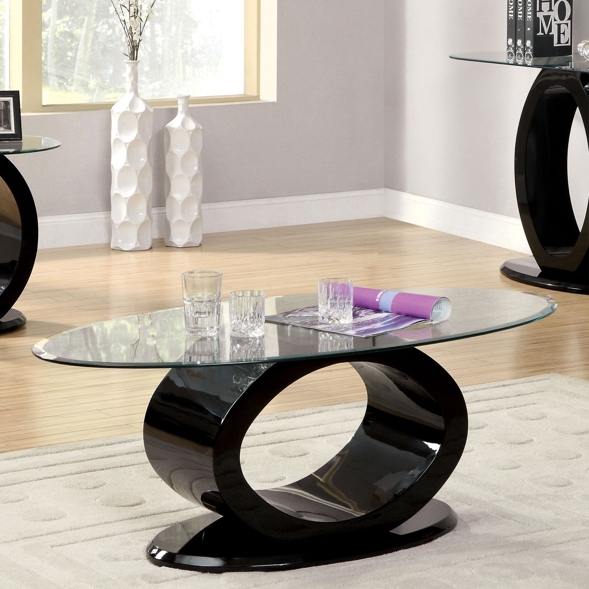 Contemporary Tempered Glass Top Coffee Table With O Shape Base, Black