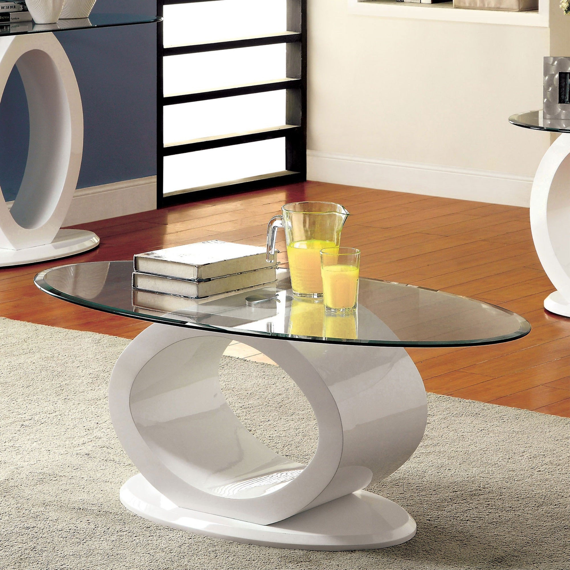 Contemporary Tempered Glass Top Coffee Table With O Shape Base, White