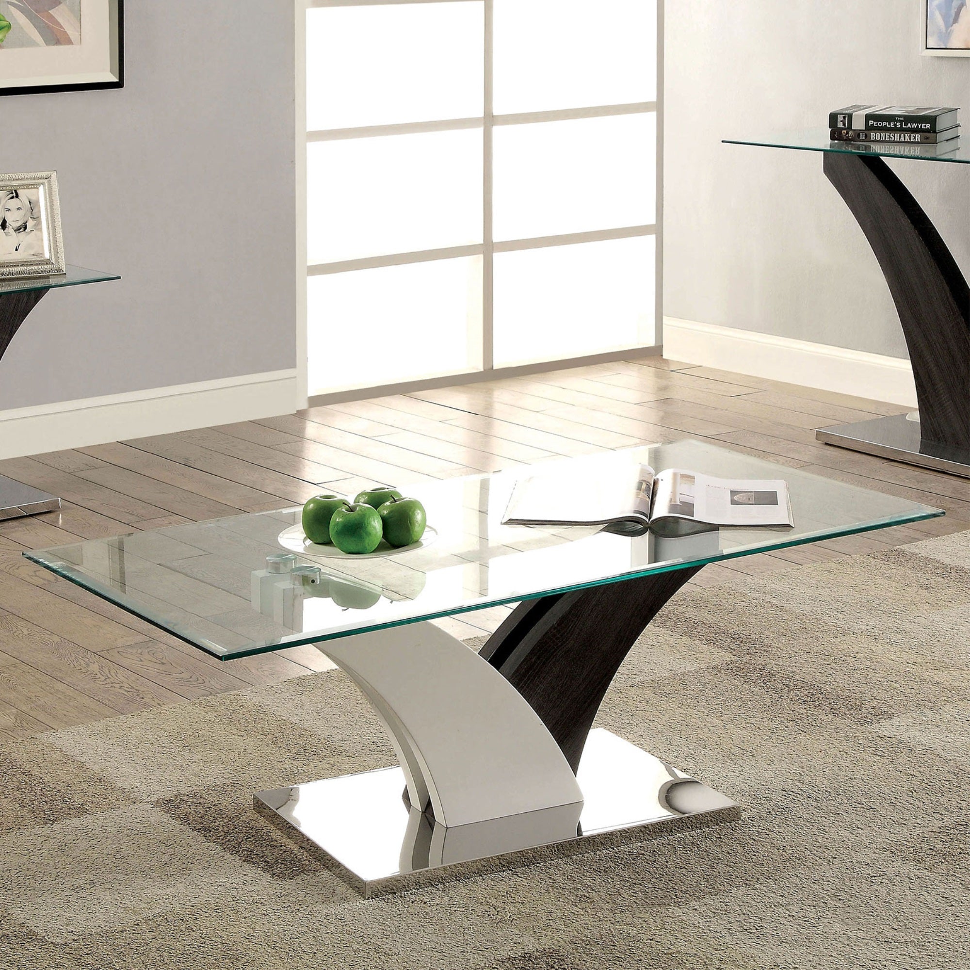 Contemporary Coffee Table With Curved V Base, Black And White